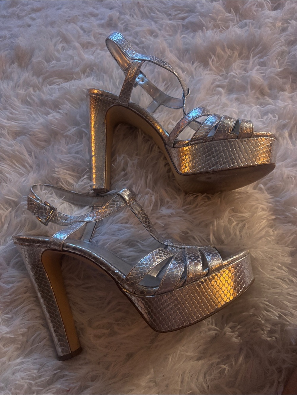 MICHAEL Michael Kors Metallic Gold Snakeskin T-Strap Heels